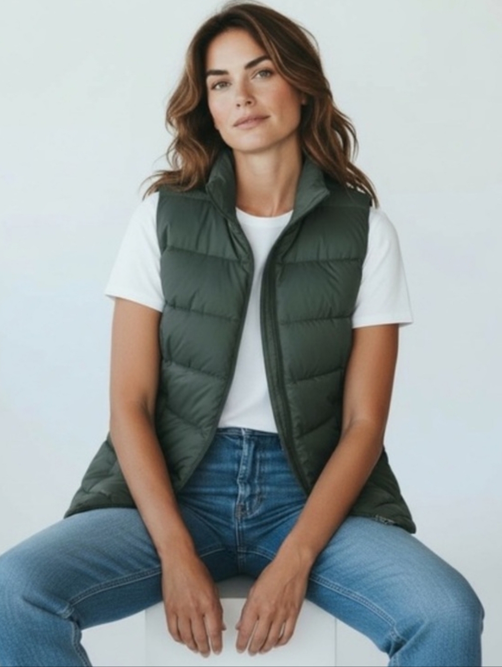 J. Jill Dark Green Down Puffer Vest Lightweight Zip-up Front Zip Pockets EUC
